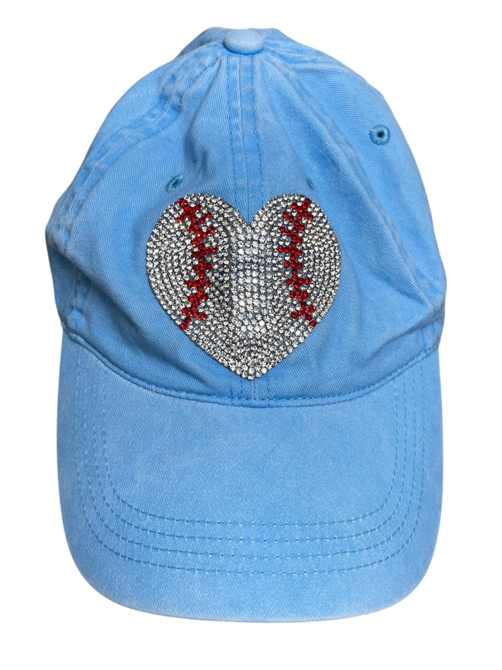 Unbranded Blue Rhinestone Baseball Heart Ponytail Hat Messy Bun Cap #23